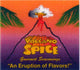 Advertisement for Volcano Spice Gourmet Seasonings with a volcano graphic and palm trees.